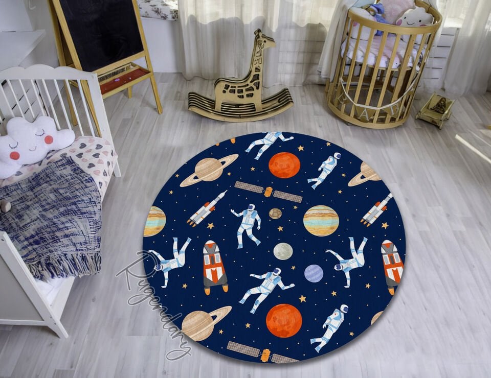 Kids Space Rug – Astronauts Rockets Planets Stars Galaxy Theme Play Mat Carpet for Bedroom Nursery or Playroom