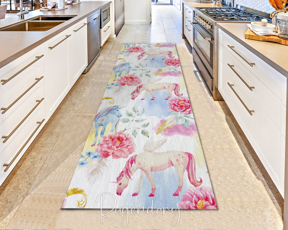 Unicorn & Floral Runner Rug – Pastel Pink, Blue & Yellow Watercolor Design