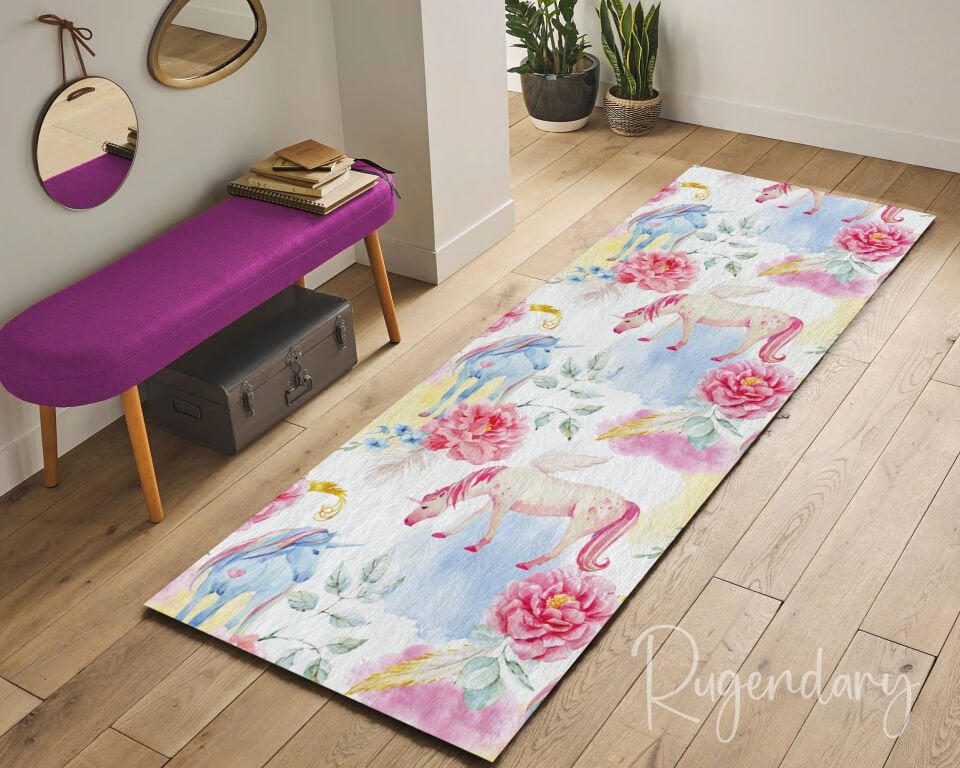 Unicorn & Floral Runner Rug – Pastel Pink, Blue & Yellow Watercolor Design