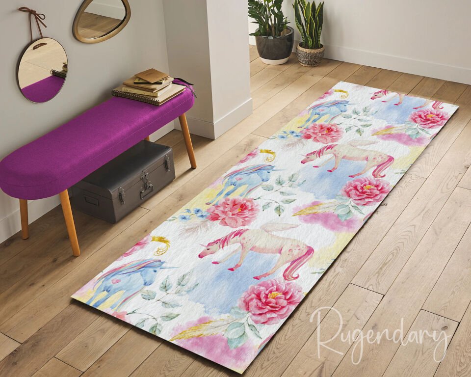 Unicorn & Floral Runner Rug – Pastel Pink, Blue & Yellow Watercolor Design
