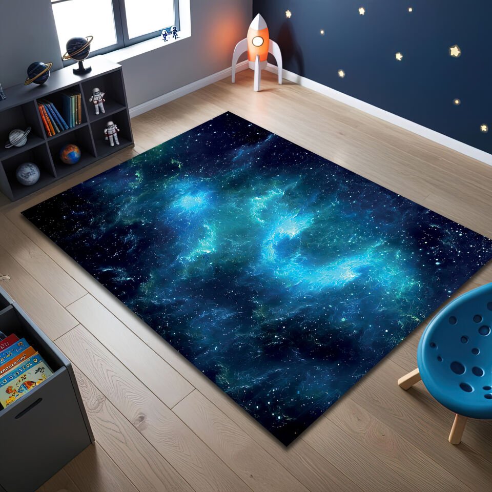 Blue Galaxy Nebula Kids Rug – Stunning Cosmic Space Carpet for Kids Room