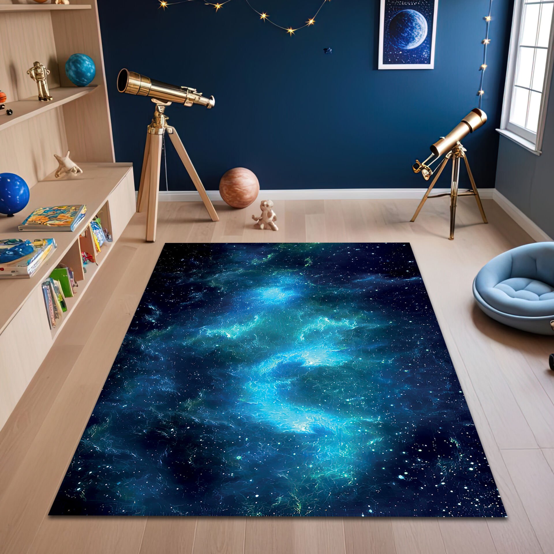 Blue Galaxy Nebula Kids Rug – Stunning Cosmic Space Carpet for Kids Room