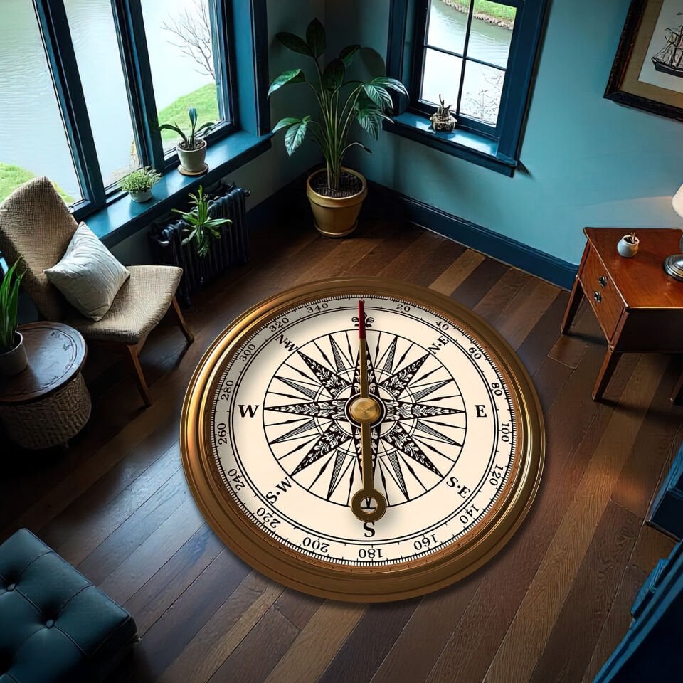 Antique Nautical Compass Rug - Elegant Vintage Style Round Carpet