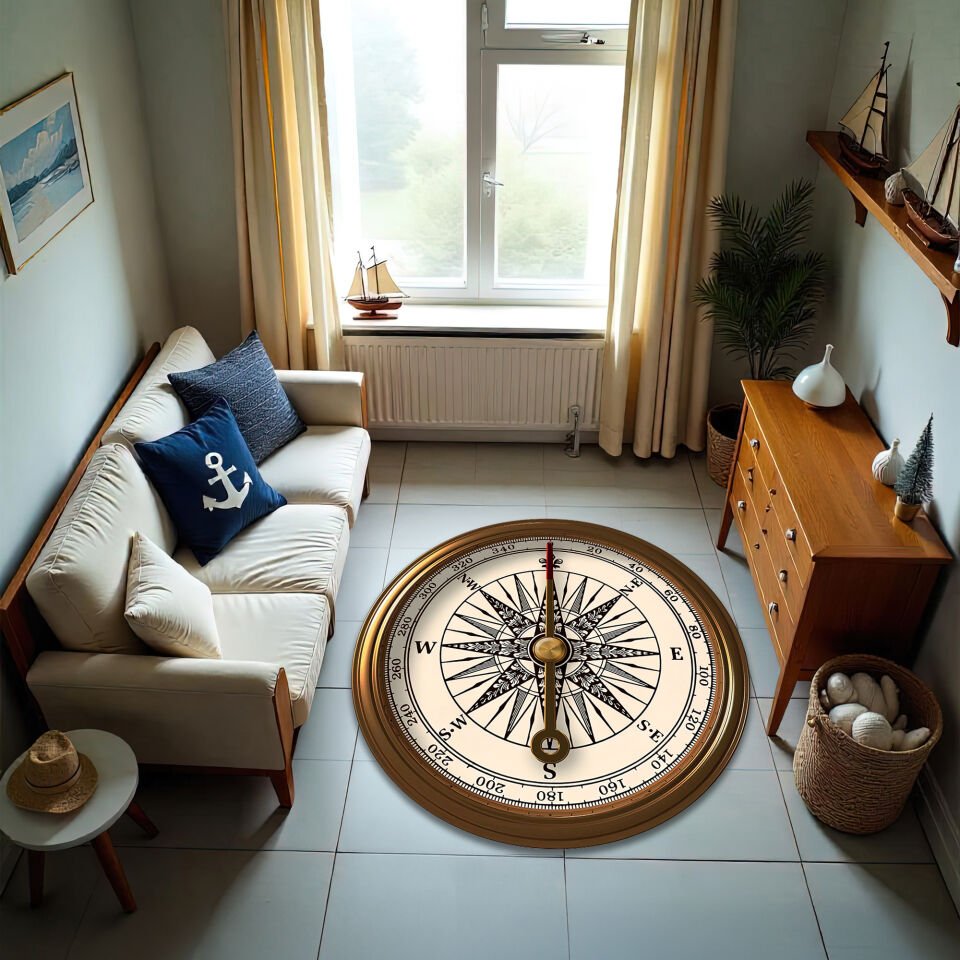 Antique Nautical Compass Rug - Elegant Vintage Style Round Carpet