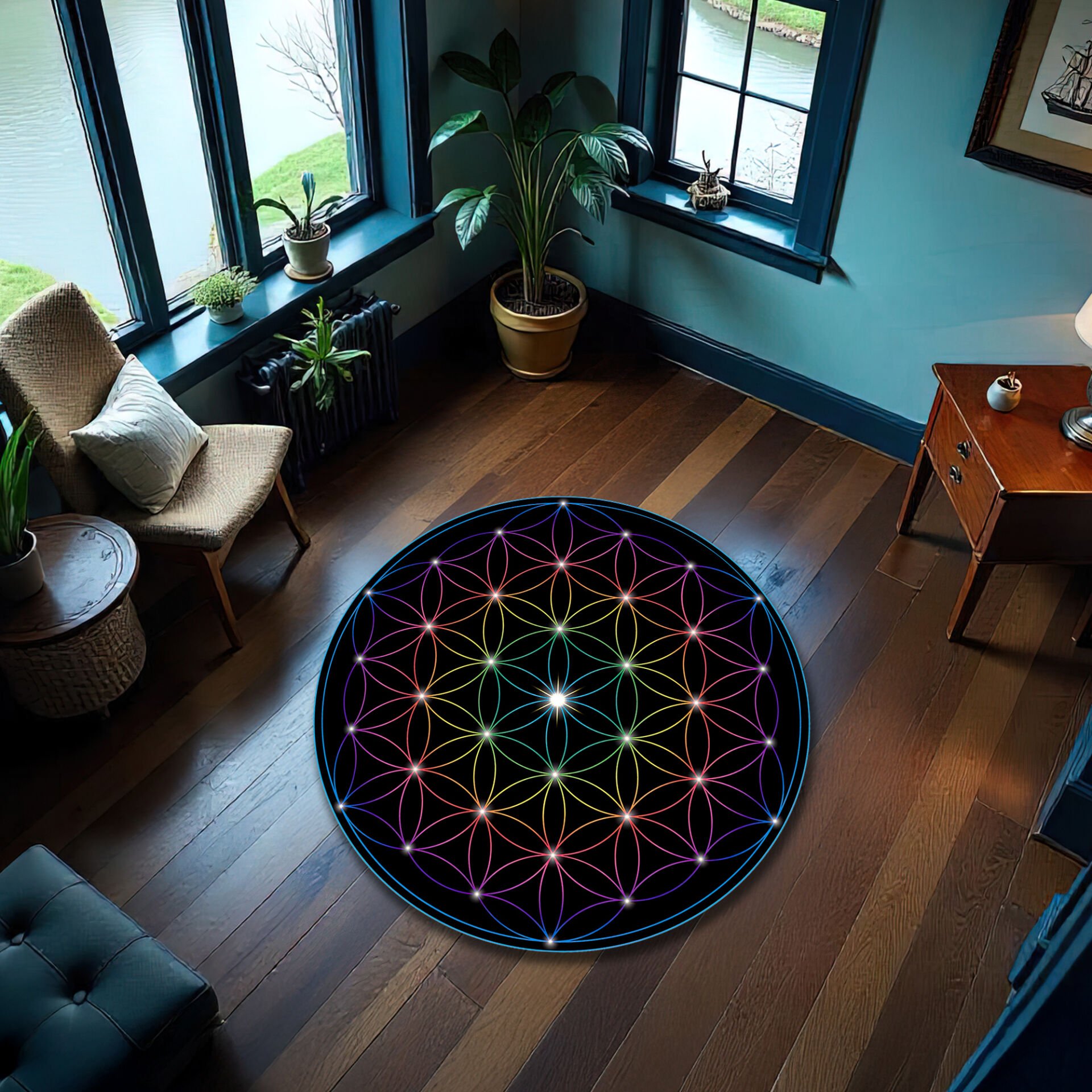 Round Flower of Life Rug – Rainbow Sacred Geometry Circle Carpet