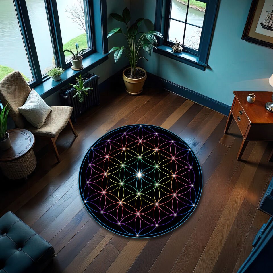 Round Flower of Life Rug – Rainbow Sacred Geometry Circle Carpet