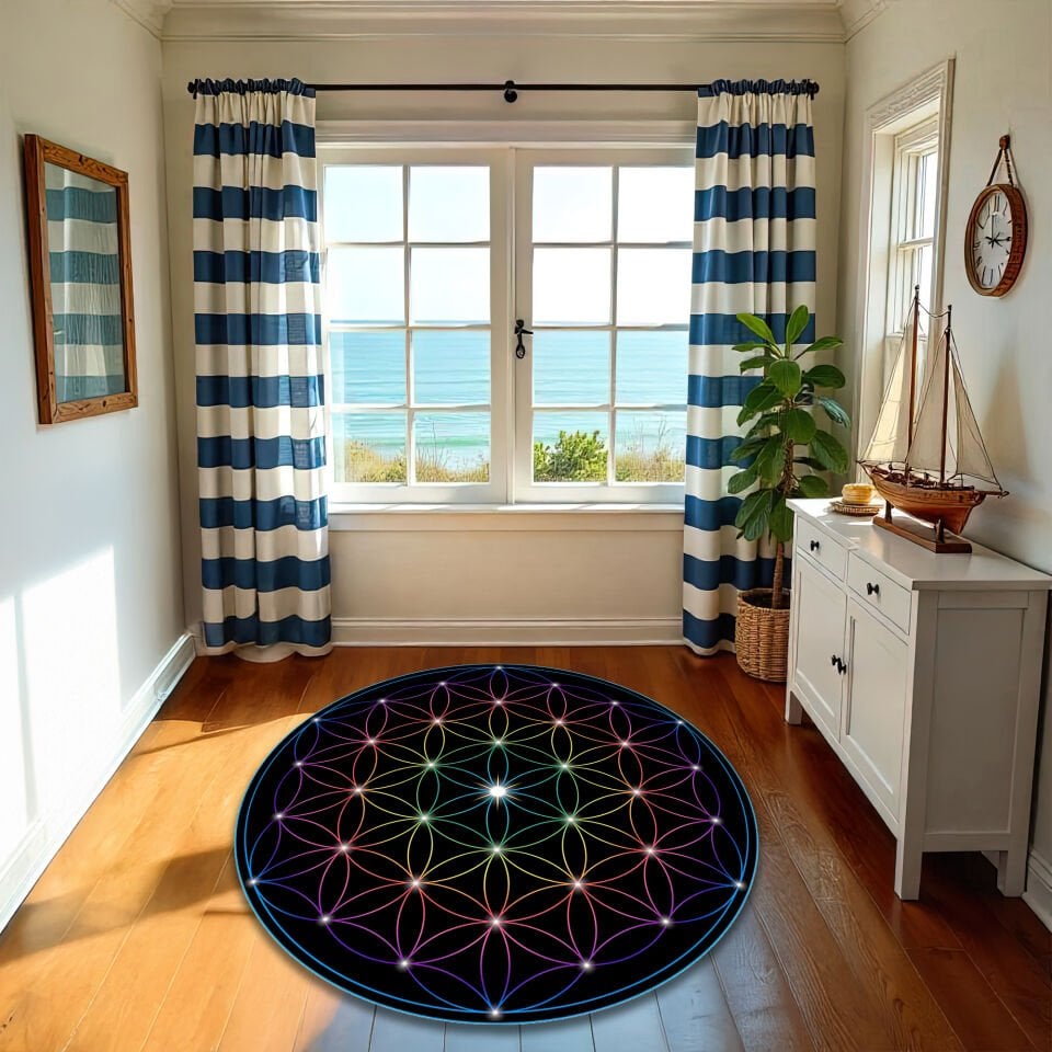 Round Flower of Life Rug – Rainbow Sacred Geometry Circle Carpet