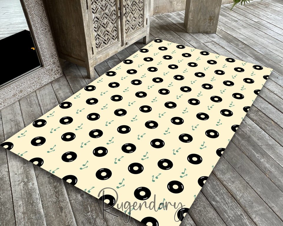 Retro Music Notes & CD Pattern Rug – Vibrant Music Lover’s Decor