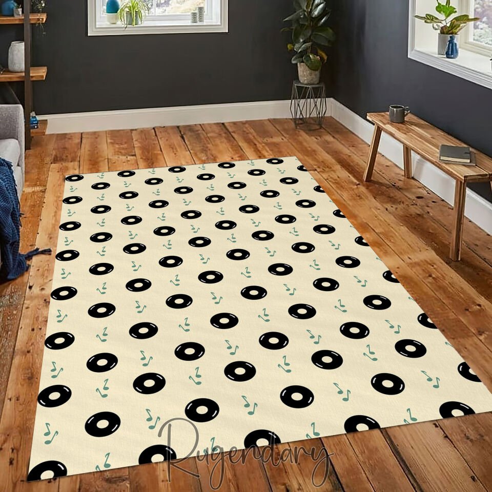 Retro Music Notes & CD Pattern Rug – Vibrant Music Lover’s Decor