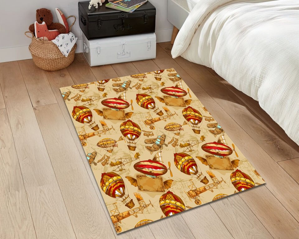 Steampunk Airship Rug Vintage Hot Air Balloon Carpet Retro Aviation Adventure Floor Mat