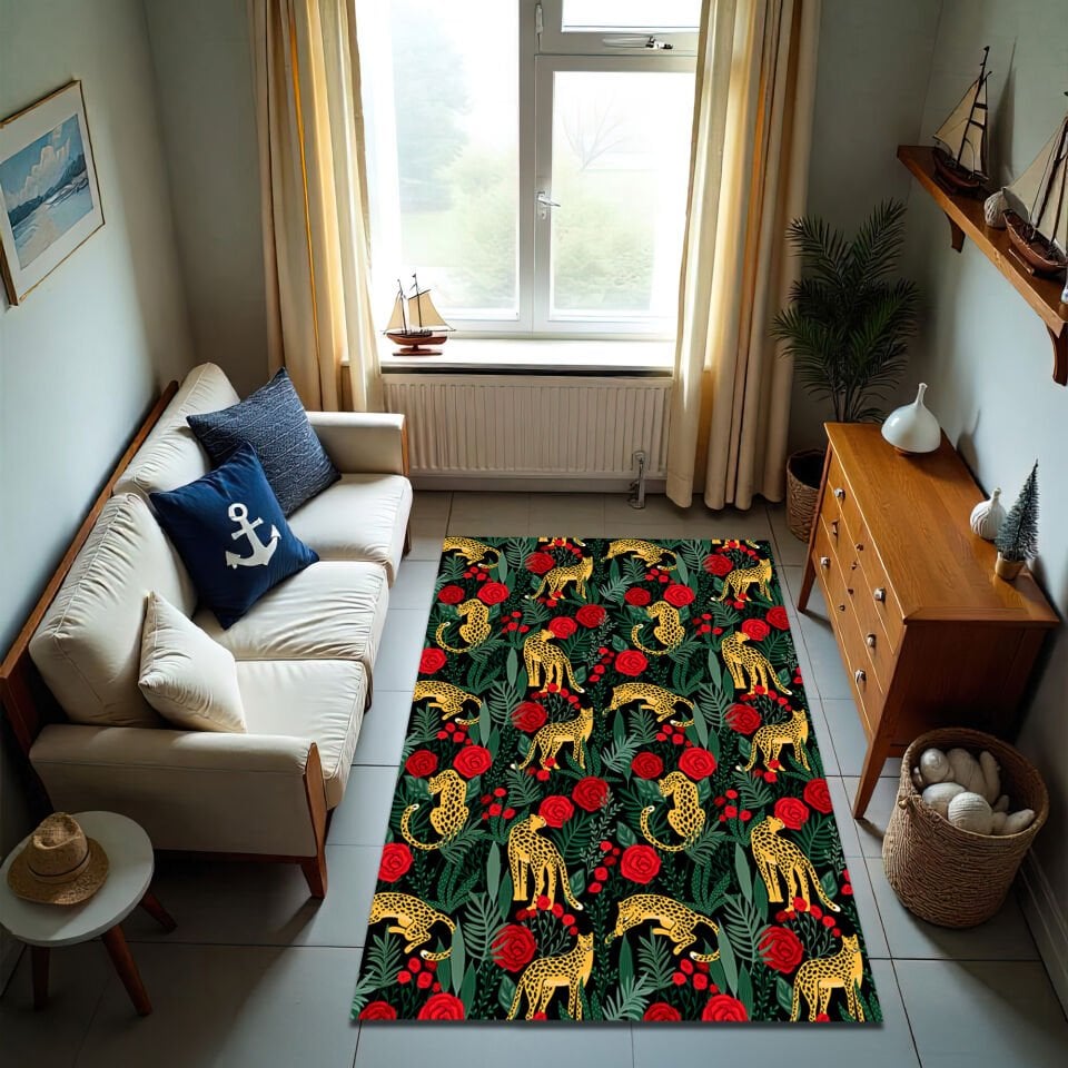 Luxury Leopard & Rose Pattern Living Room Rug – Elegant Jungle Design