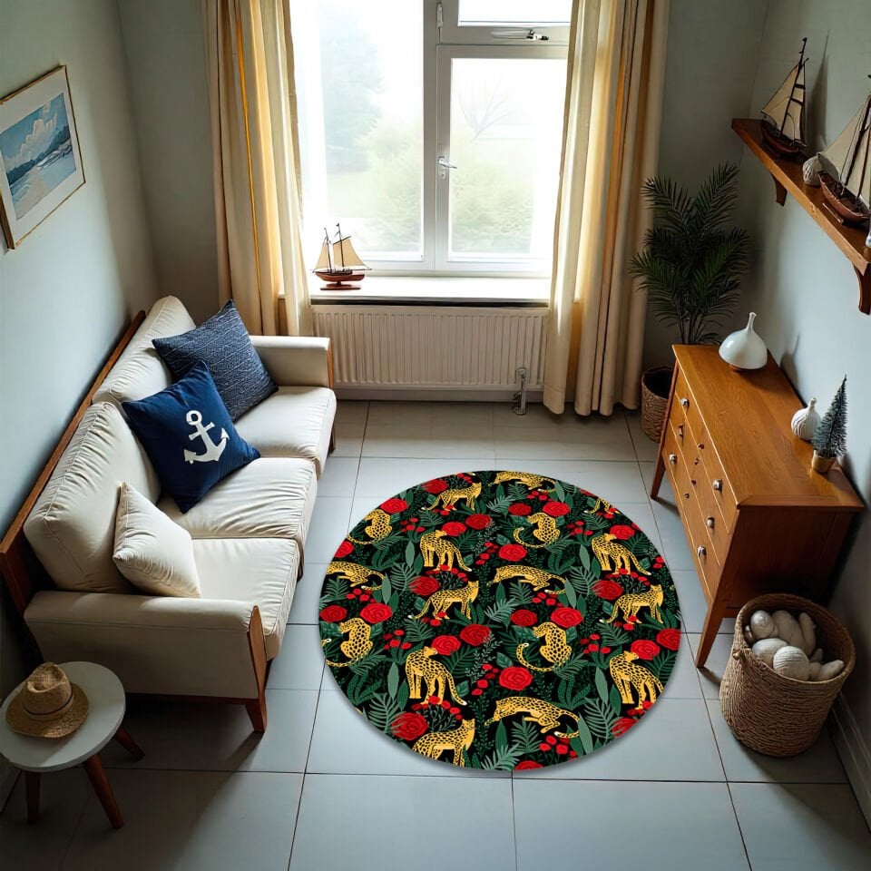 Luxury Leopard & Rose Pattern Living Room Rug – Elegant Jungle Design