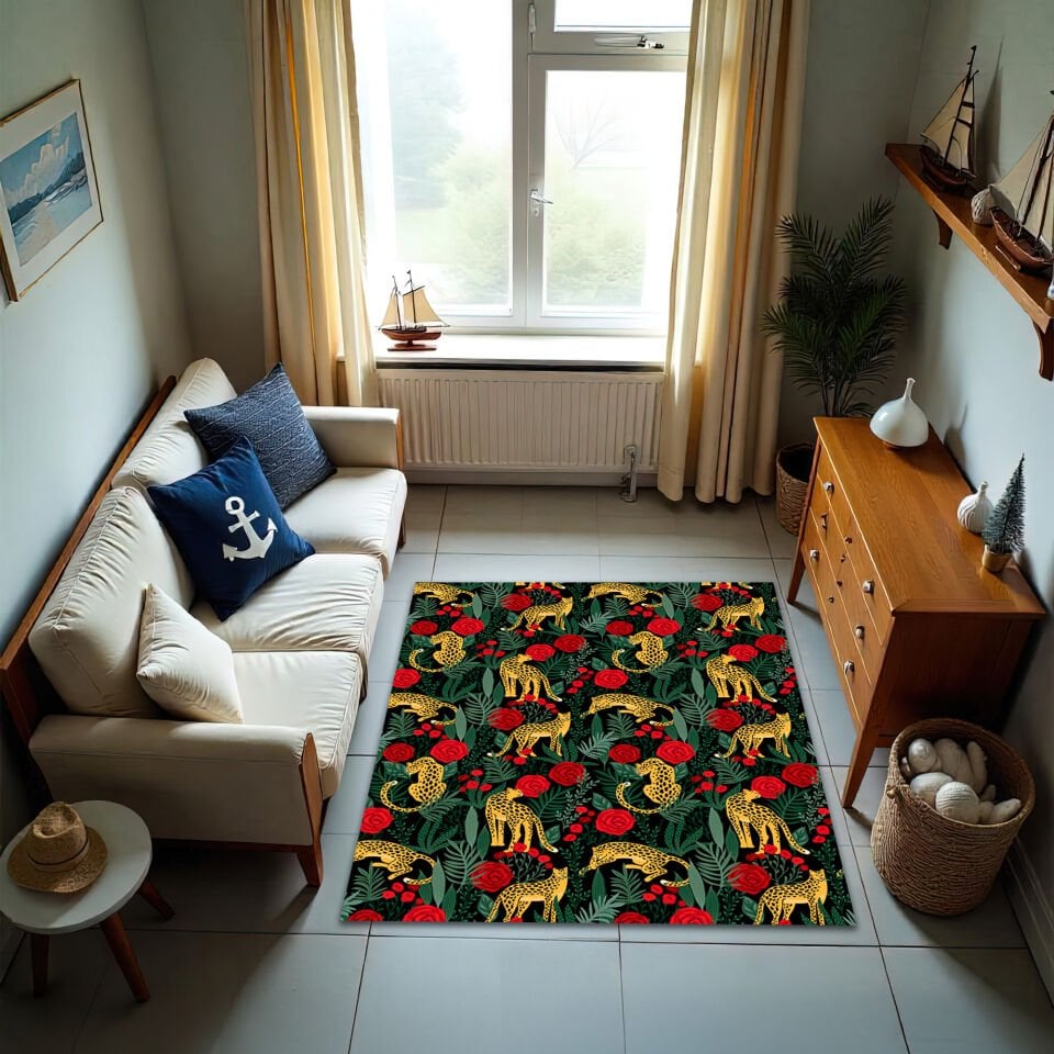 Luxury Leopard & Rose Pattern Living Room Rug – Elegant Jungle Design
