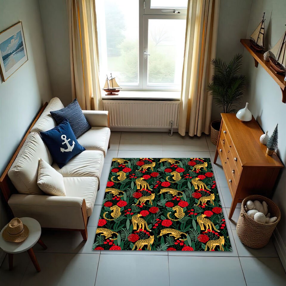 Luxury Leopard & Rose Pattern Living Room Rug – Elegant Jungle Design