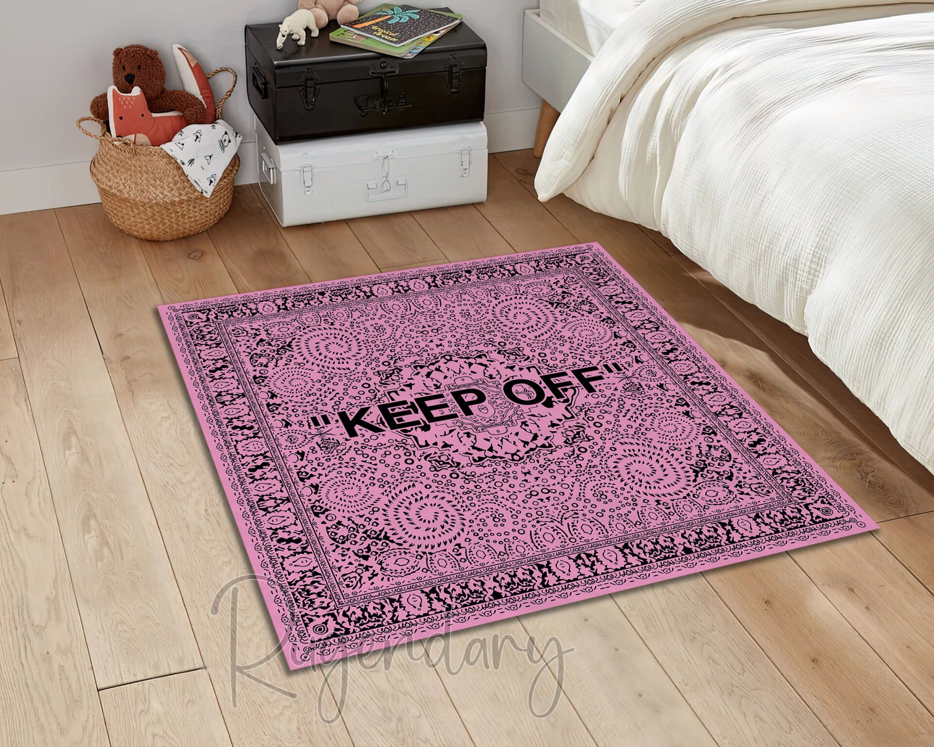 Pink Square Rug with Black ''KEEP OFF'' Text – Bold & Playful Statement Piece