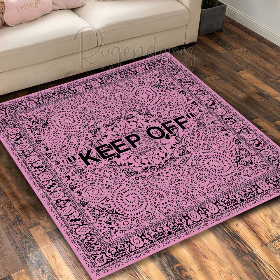 Pink Square Rug with Black ''KEEP OFF'' Text – Bold & Playful Statement Piece