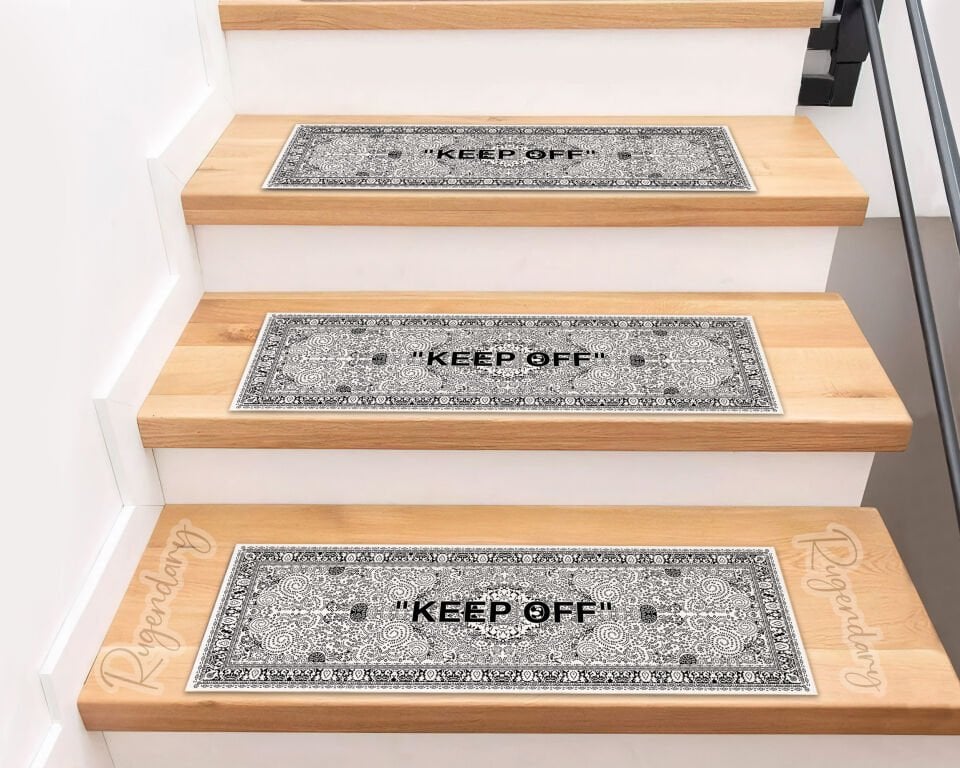 White & Black Stair Mats with “KEEP OFF” Quote – Modern Non-Slip Stair Carpet