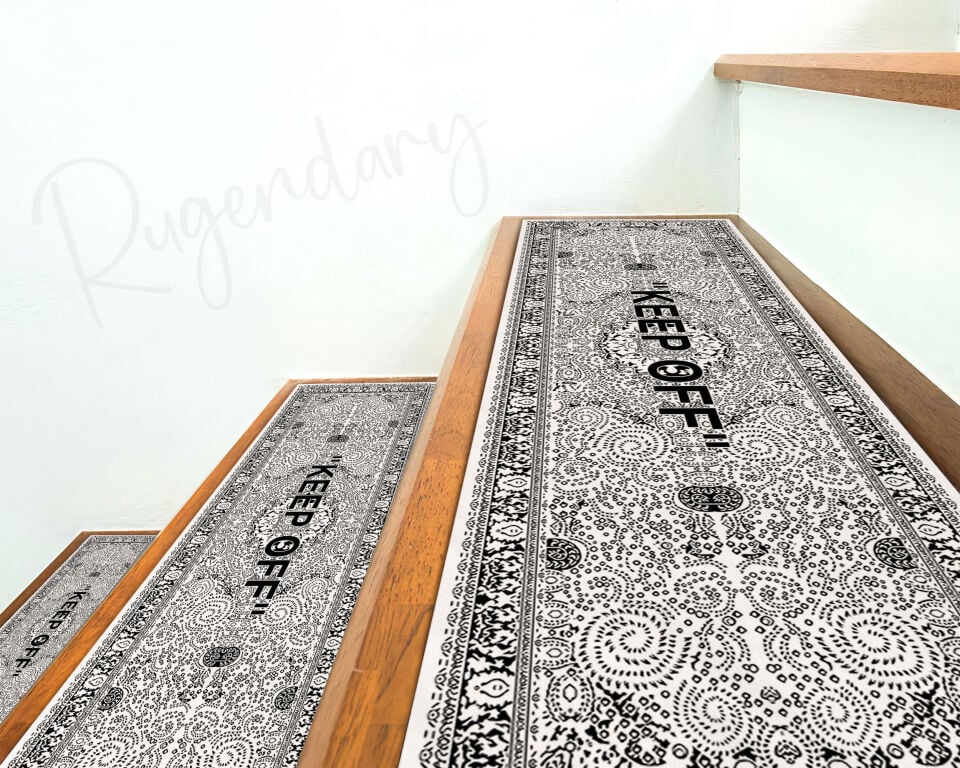 White & Black Stair Mats with “KEEP OFF” Quote – Modern Non-Slip Stair Carpet