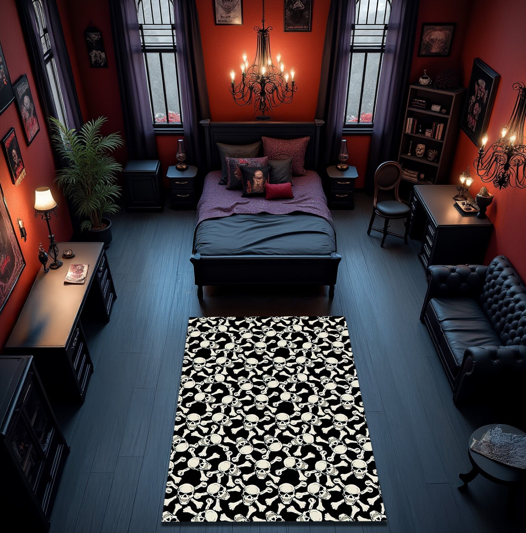 Gothic Skull and Crossbones Pattern Rug – Dark Aesthetic Carpet for Alternative Home Decor