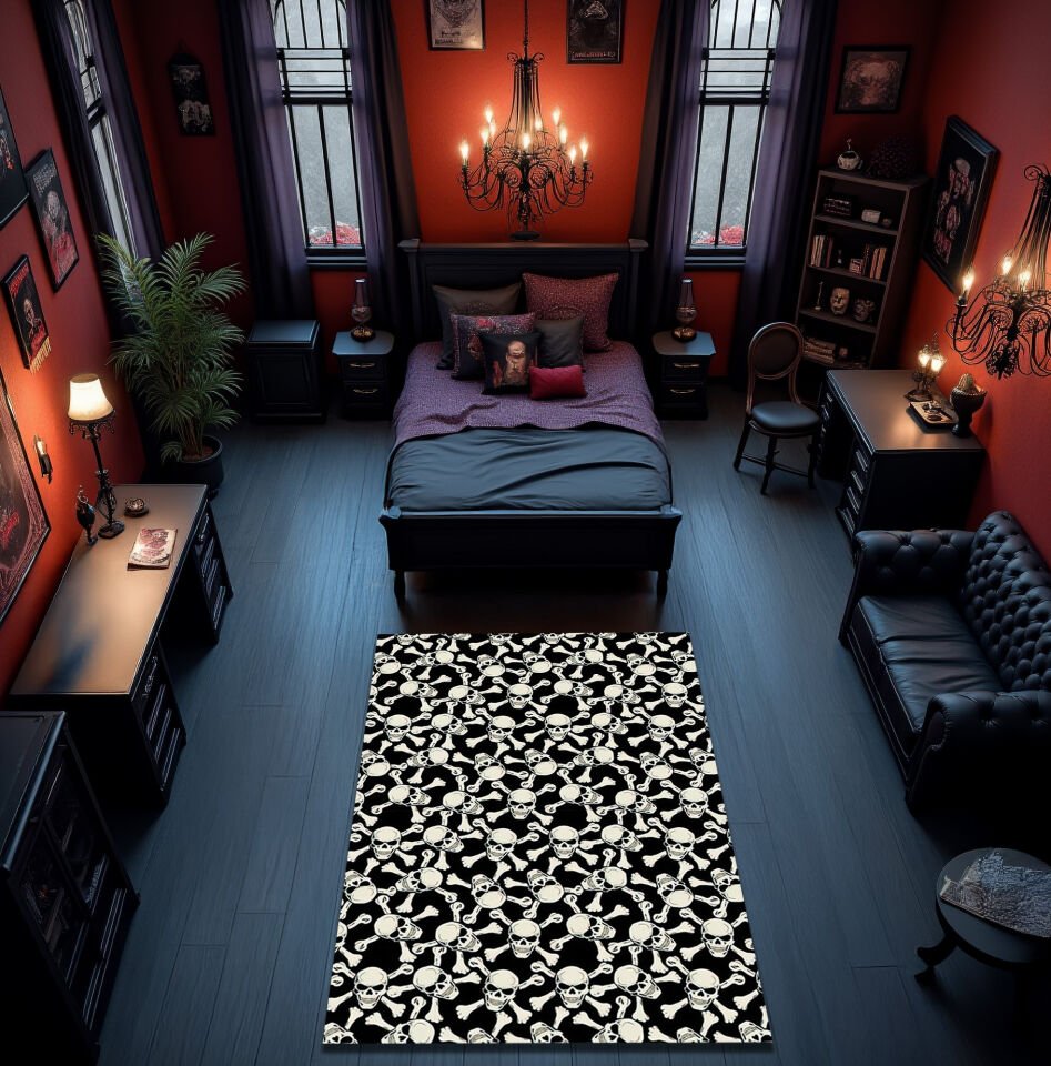Gothic Skull and Crossbones Pattern Rug – Dark Aesthetic Carpet for Alternative Home Decor
