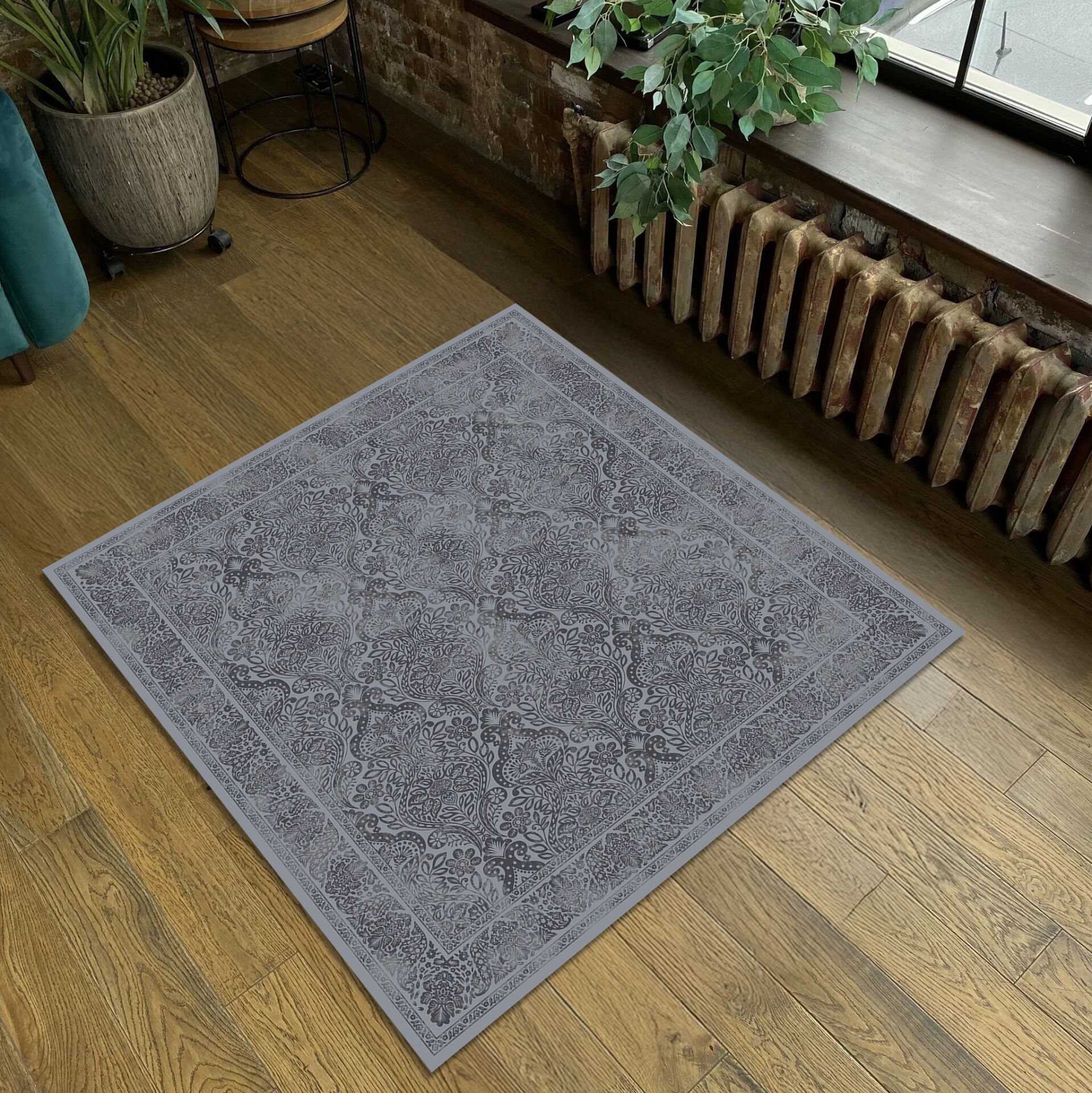 Gray Oriental Square Rug Intricate Floral Paisley Pattern Carpet