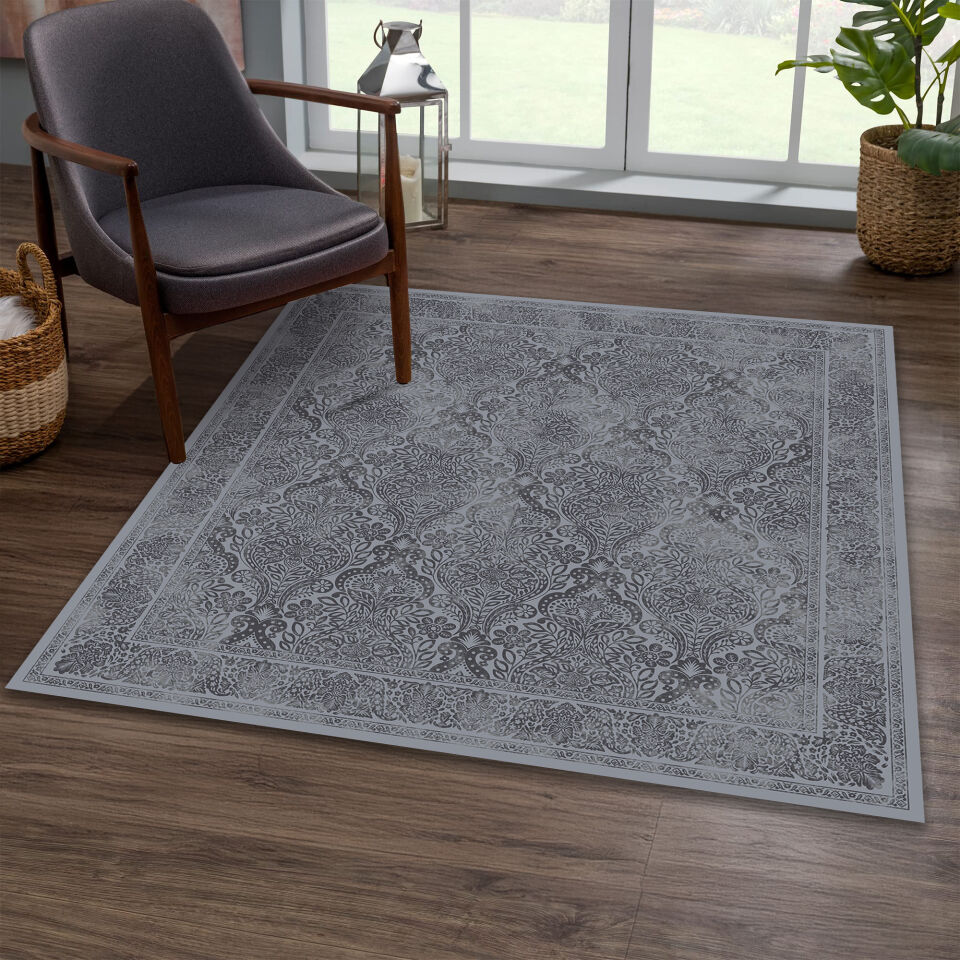Gray Oriental Square Rug Intricate Floral Paisley Pattern Carpet