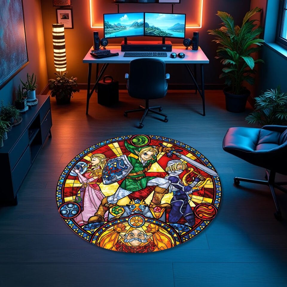Stained Glass Fantasy Round Rug – Heroic Adventure Inspired Design
