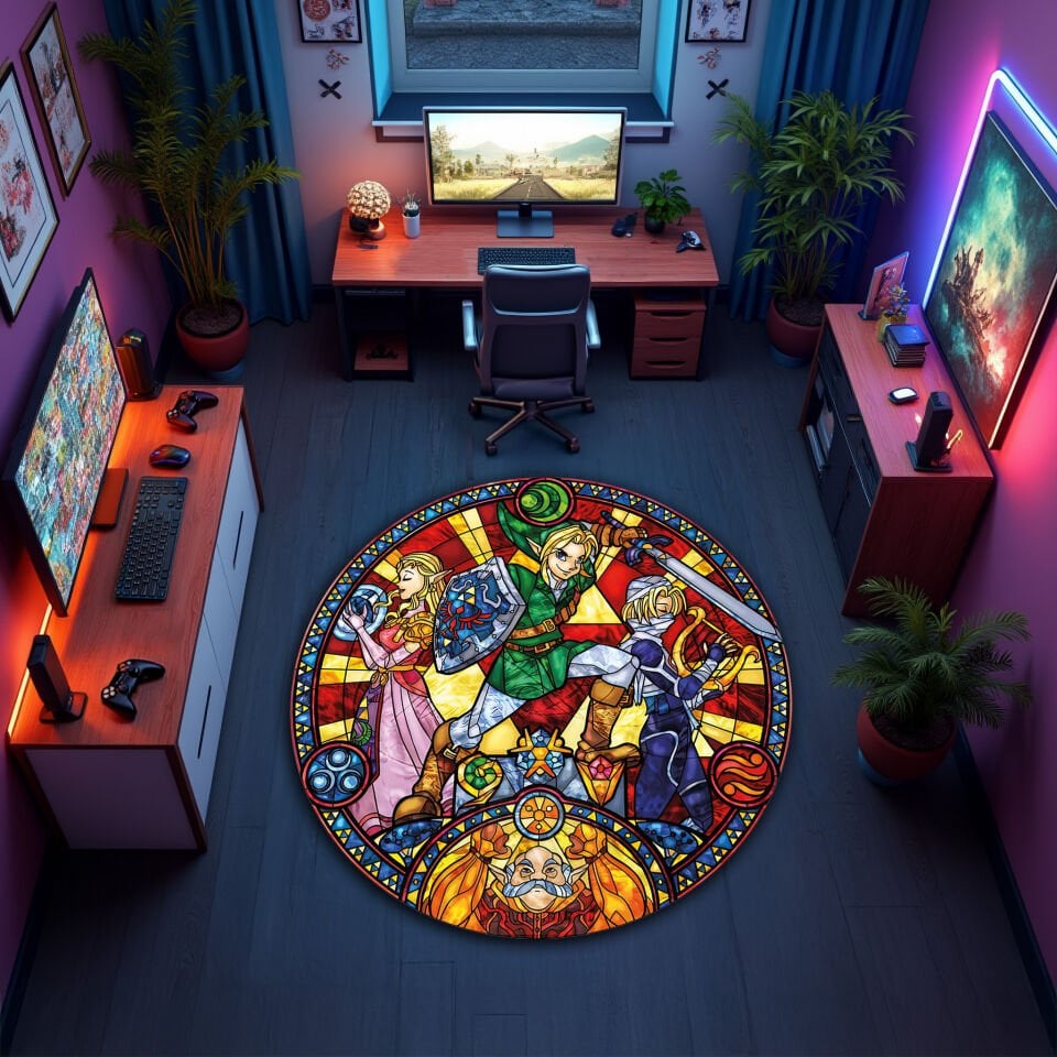 Stained Glass Fantasy Round Rug – Heroic Adventure Inspired Design