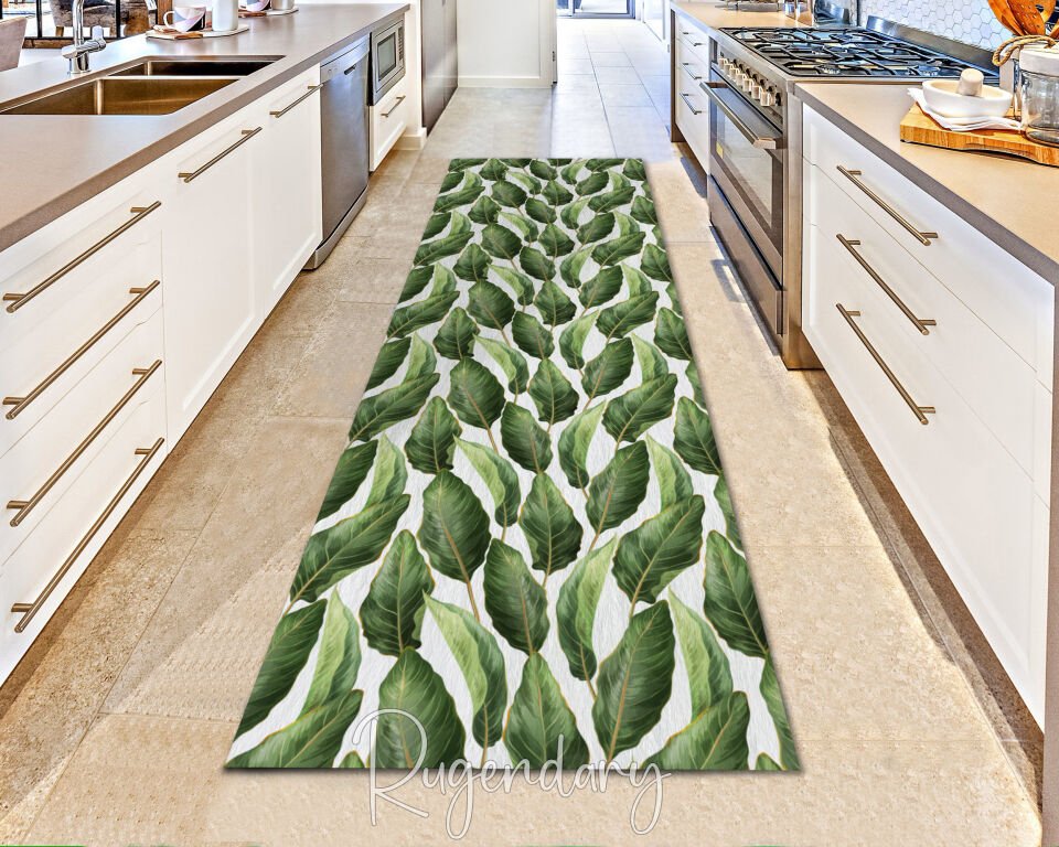Tropical Green Leaf Runner Rug – Modern Hallway & Entryway Carpet