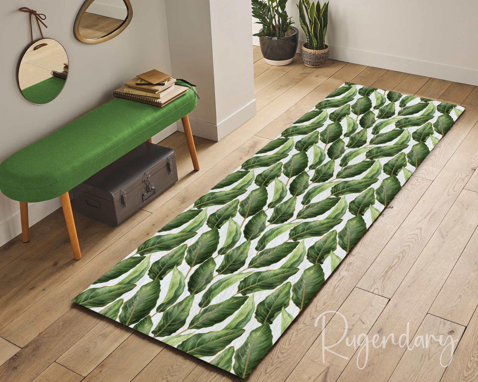Tropical Green Leaf Runner Rug – Modern Hallway & Entryway Carpet