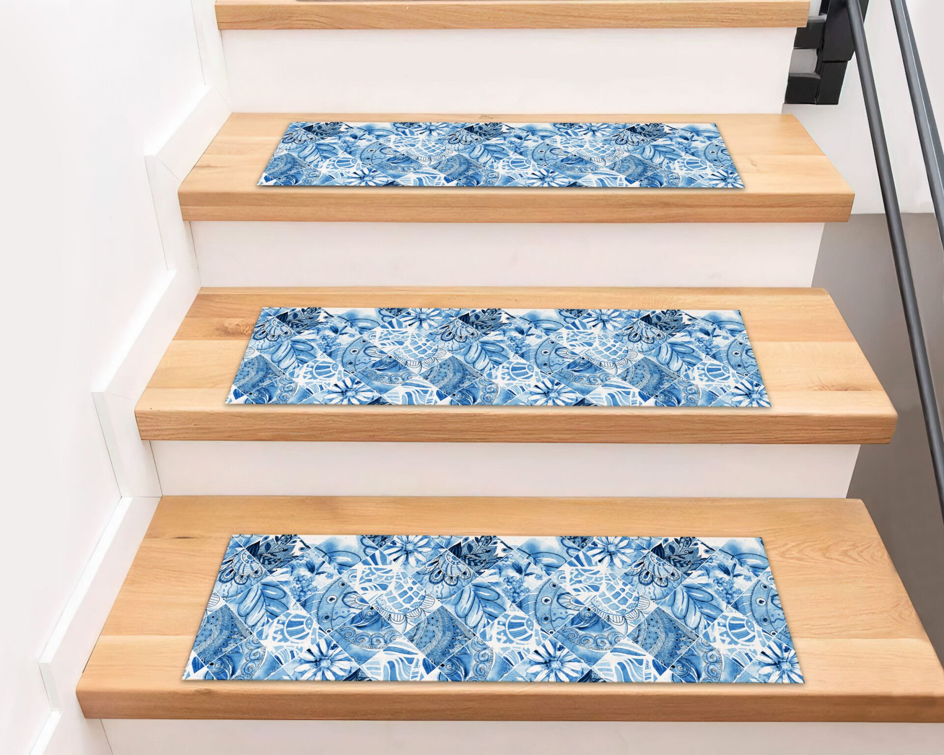Mediterranean Blue Tile Stair Treads – Moroccan-Inspired Non-Slip Step Mats