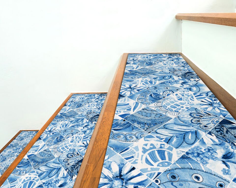 Mediterranean Blue Tile Stair Treads – Moroccan-Inspired Non-Slip Step Mats