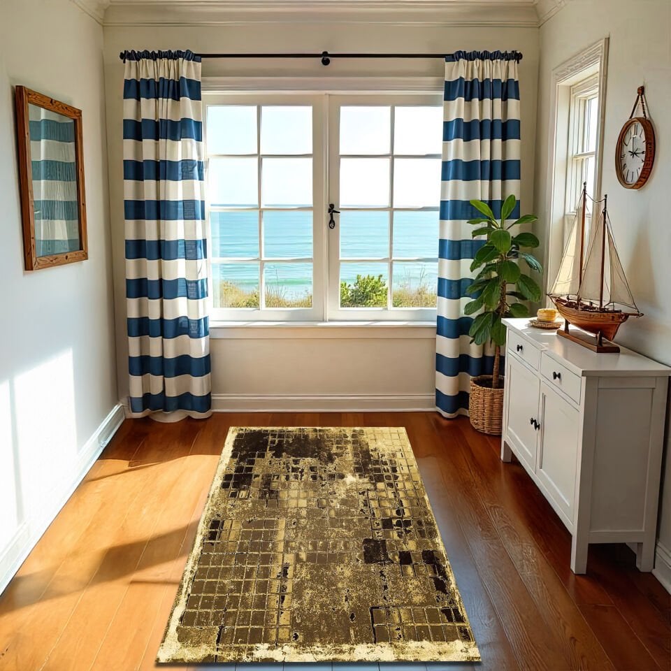 Vintage Distressed Gold Tile Pattern Rug – Rustic Elegance for Living Spaces