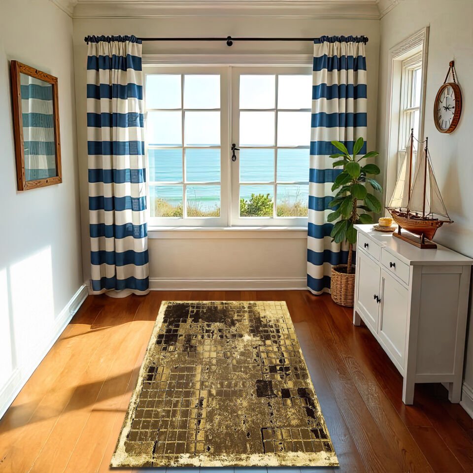 Vintage Distressed Gold Tile Pattern Rug – Rustic Elegance for Living Spaces