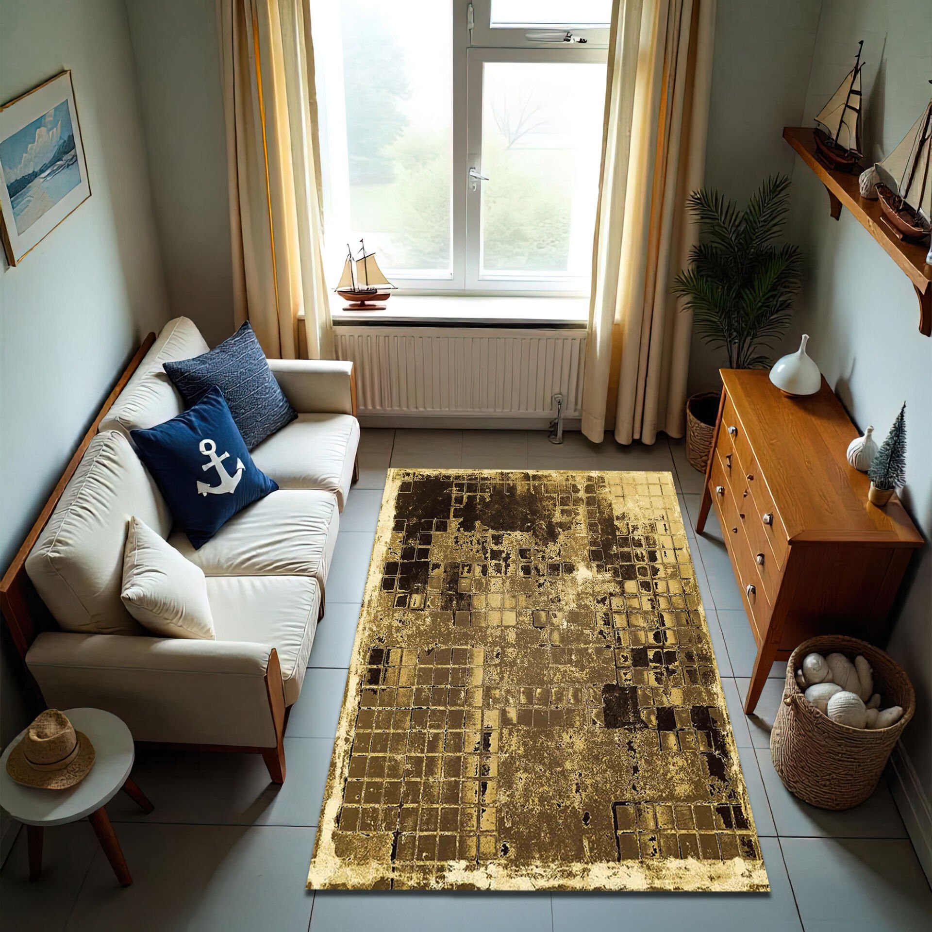 Vintage Distressed Gold Tile Pattern Rug – Rustic Elegance for Living Spaces