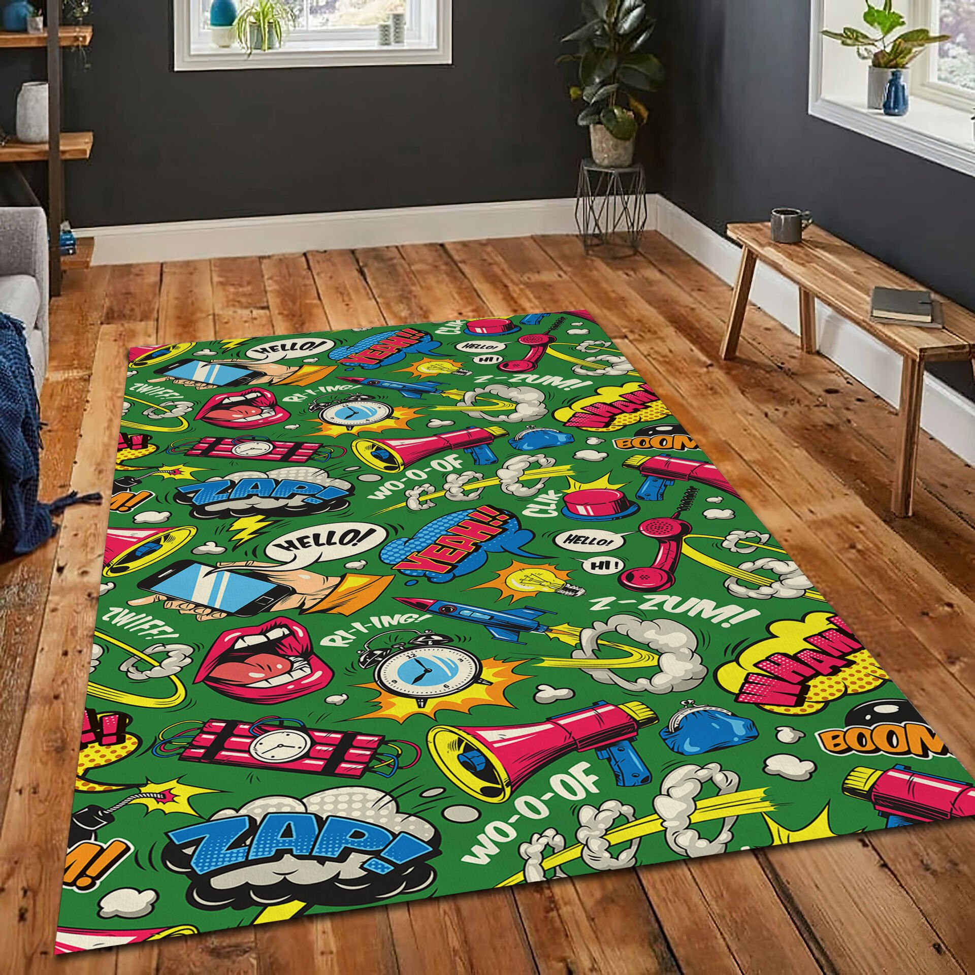 Comic Pop Art Rug Colorful Cartoon Carpet Retro Graphic Floor Mat Funky Room Decor