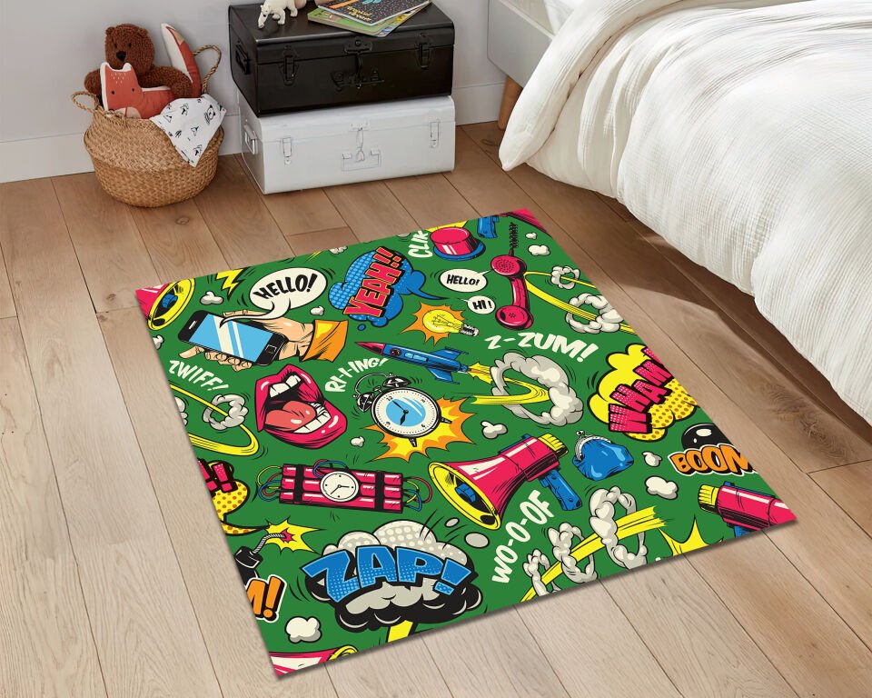 Comic Pop Art Rug Colorful Cartoon Carpet Retro Graphic Floor Mat Funky Room Decor