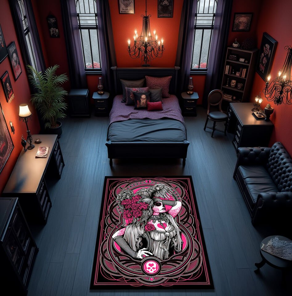 Gothic Pink Skeleton Lady Rug – Dark Art Nouveau Style