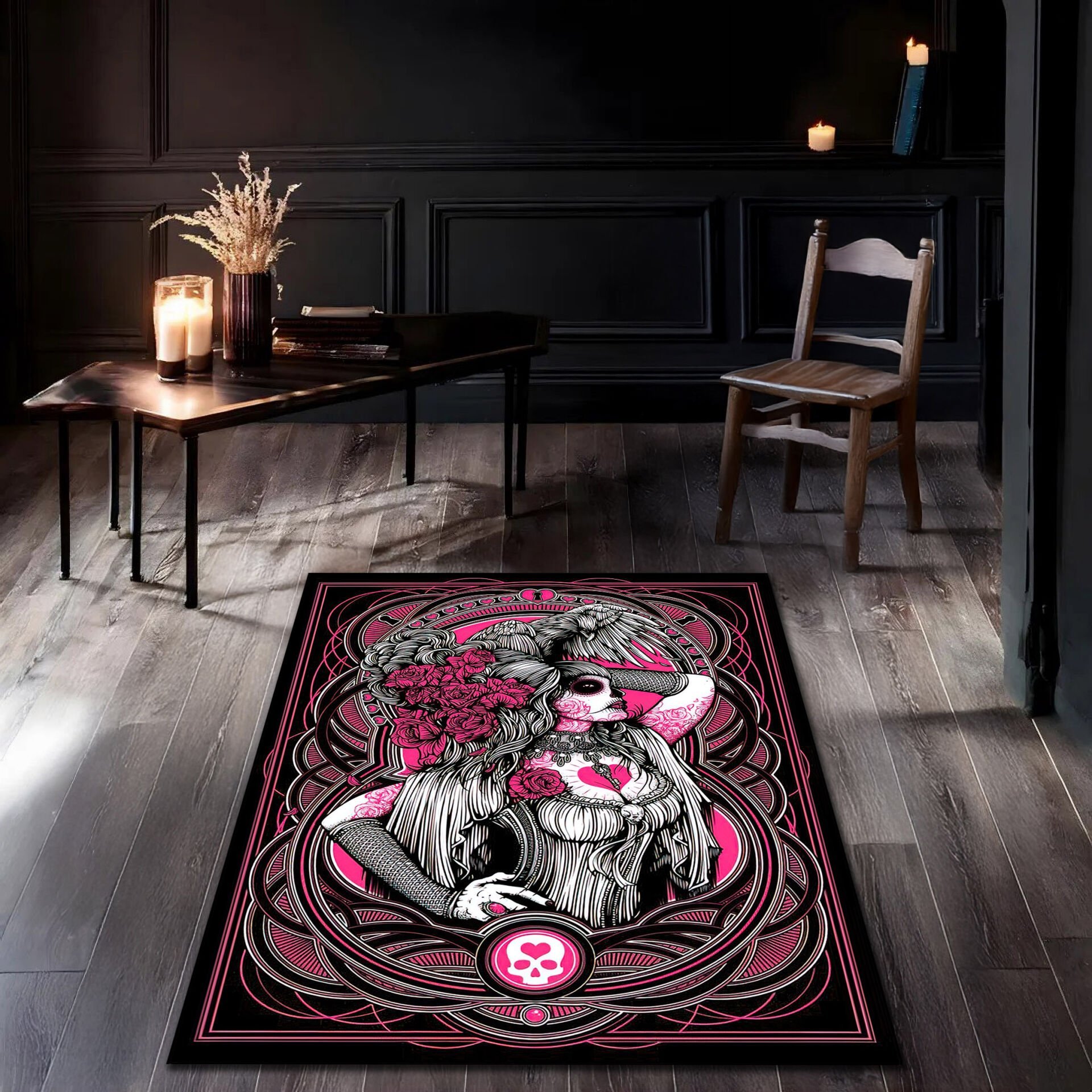 Gothic Pink Skeleton Lady Rug – Dark Art Nouveau Style