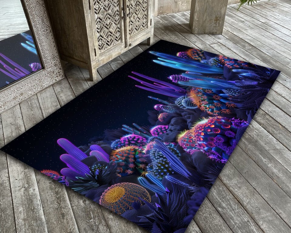 Neon Aquarium Rug with Purple Fish and Coral Dark Ocean Theme Carpet for Modern Home Decor