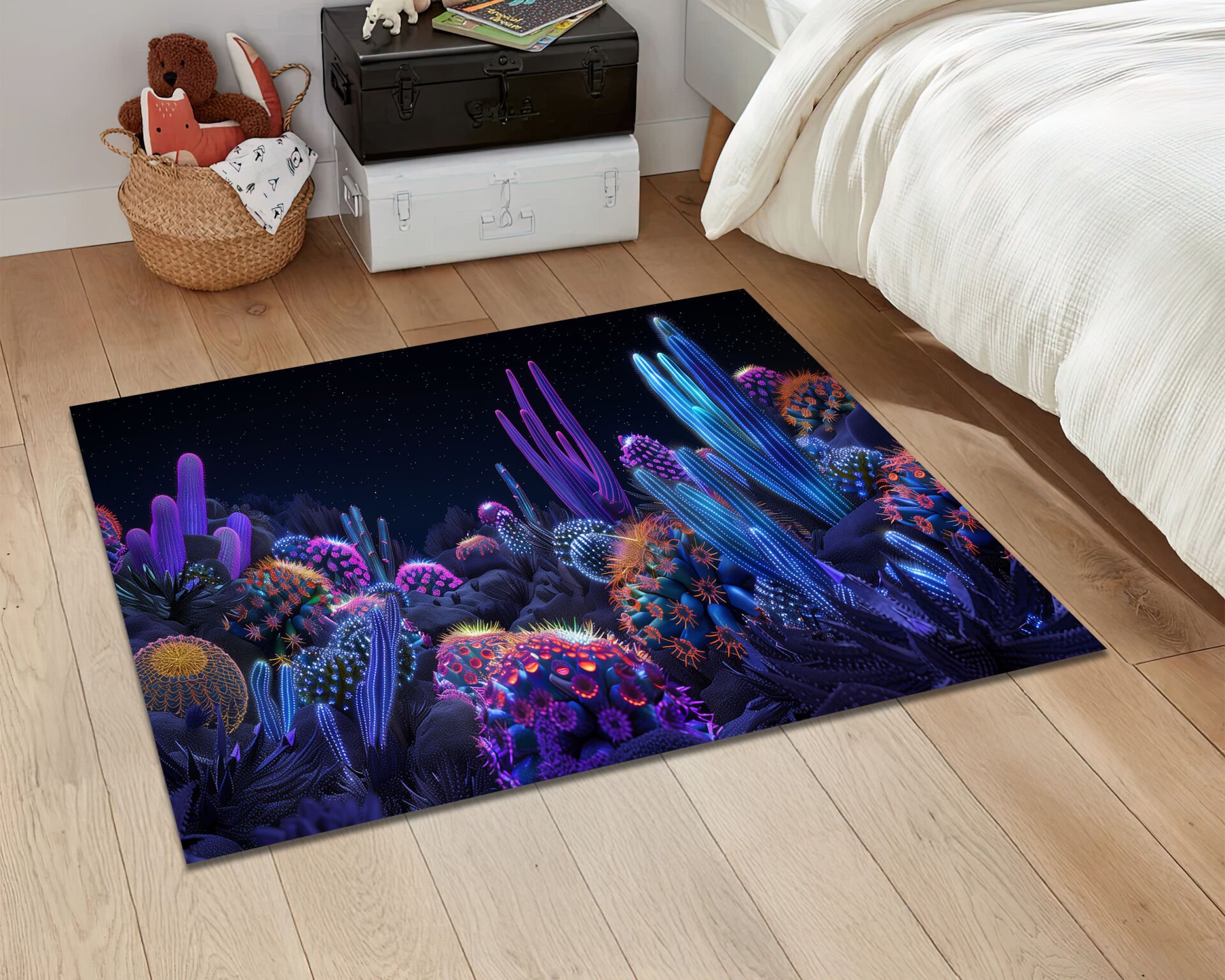 Neon Aquarium Rug with Purple Fish and Coral Dark Ocean Theme Carpet for Modern Home Decor