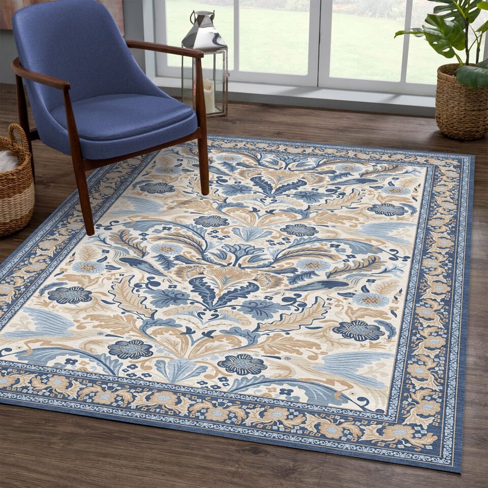 Blue Oriental Rug Classic Floral Pattern Decorative Carpet