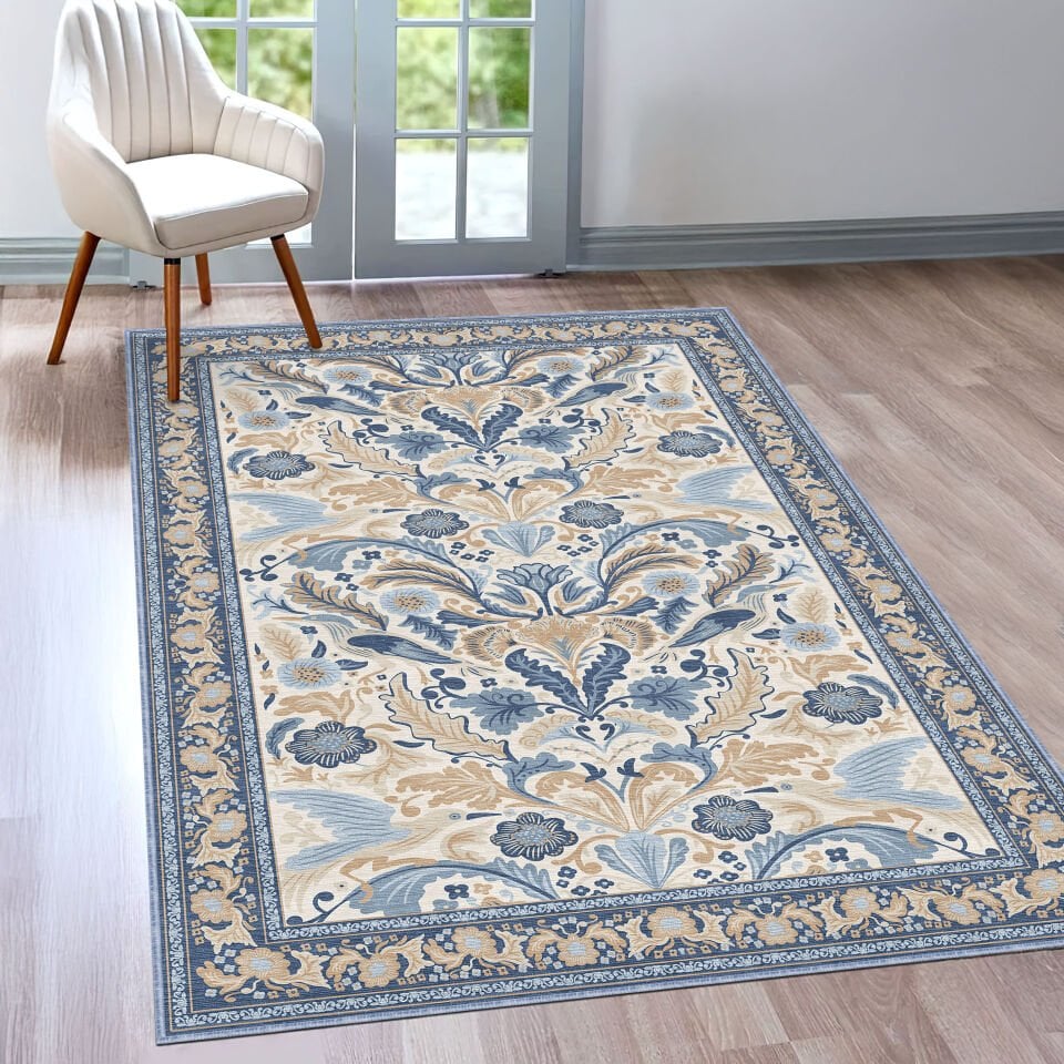 Blue Oriental Rug Classic Floral Pattern Decorative Carpet