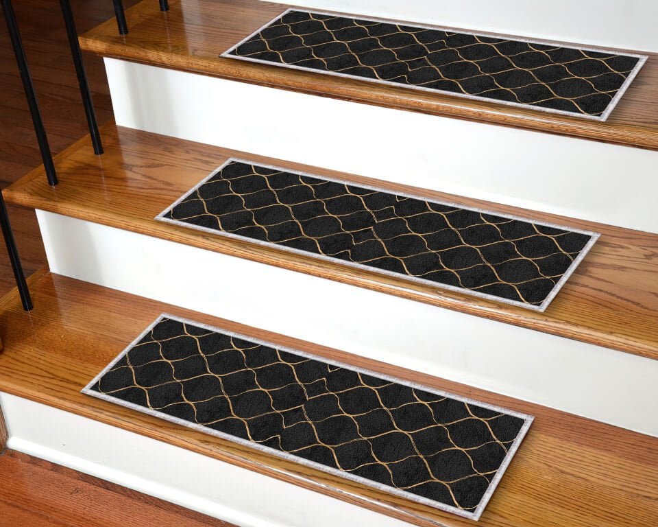 Black & Gold Lattice Stair Treads – Non-Slip Carpet Mats for Wooden Steps