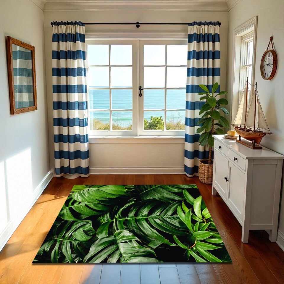 Deep Jungle Green Leaf Rug – Bold Tropical Rainforest Print