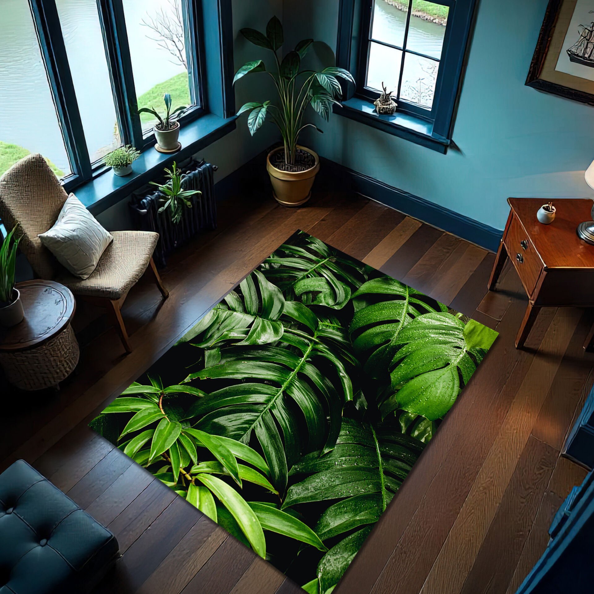Deep Jungle Green Leaf Rug – Bold Tropical Rainforest Print