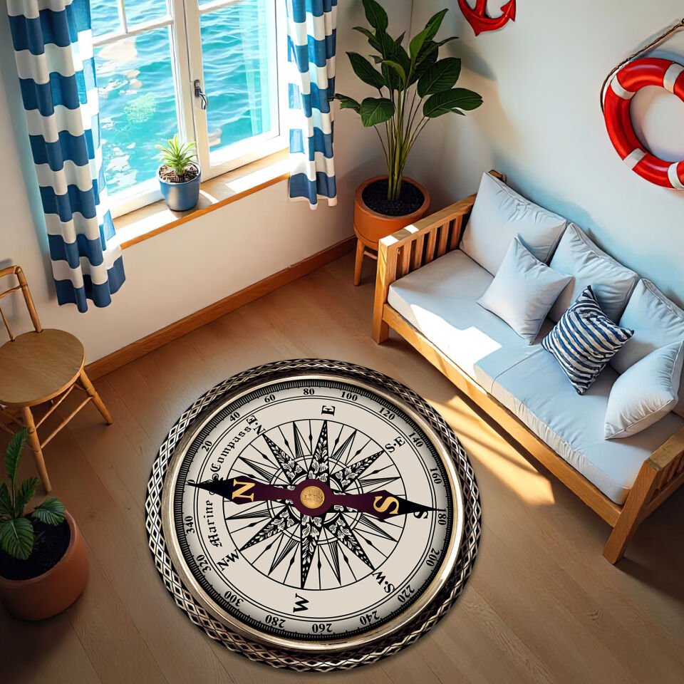 Vintage Maritime Compass Rug with Intricate Border - Round Floor Carpet