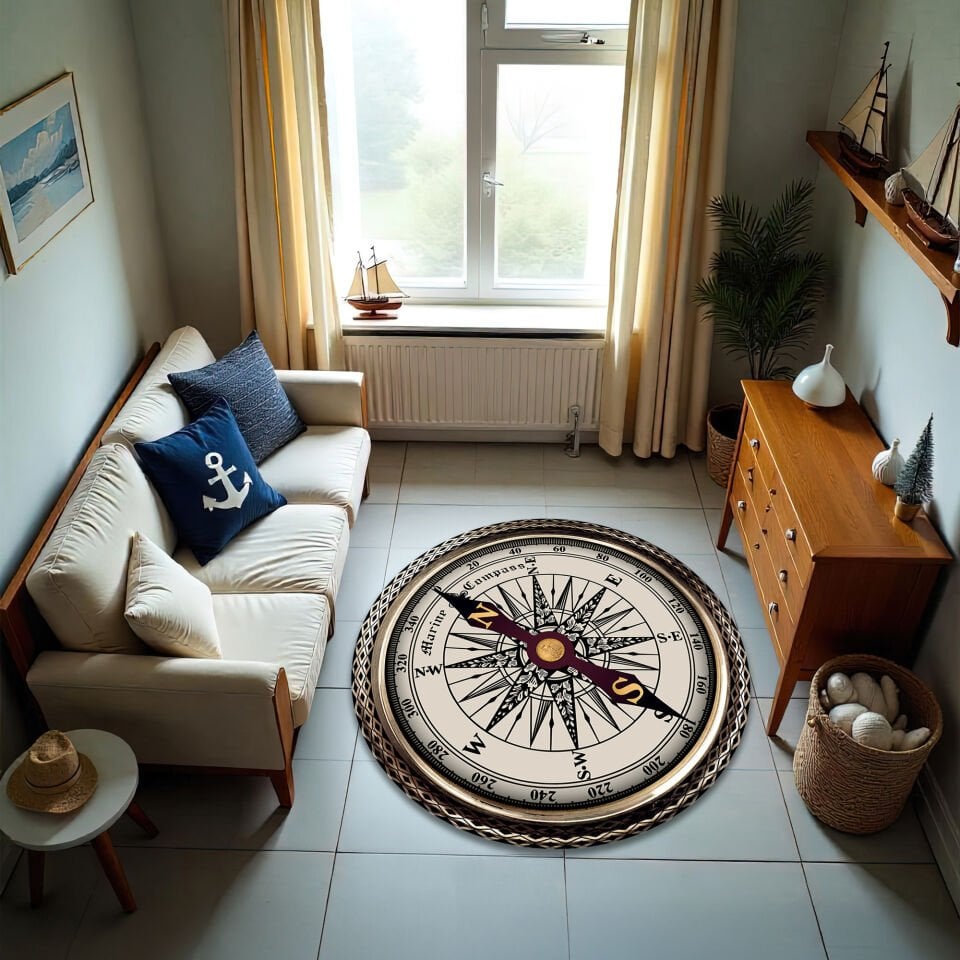 Vintage Maritime Compass Rug with Intricate Border - Round Floor Carpet