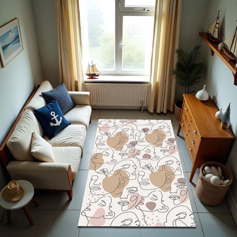 Abstract Line Faces Rug with Neutral Tones – Modern Minimalist Art Carpet