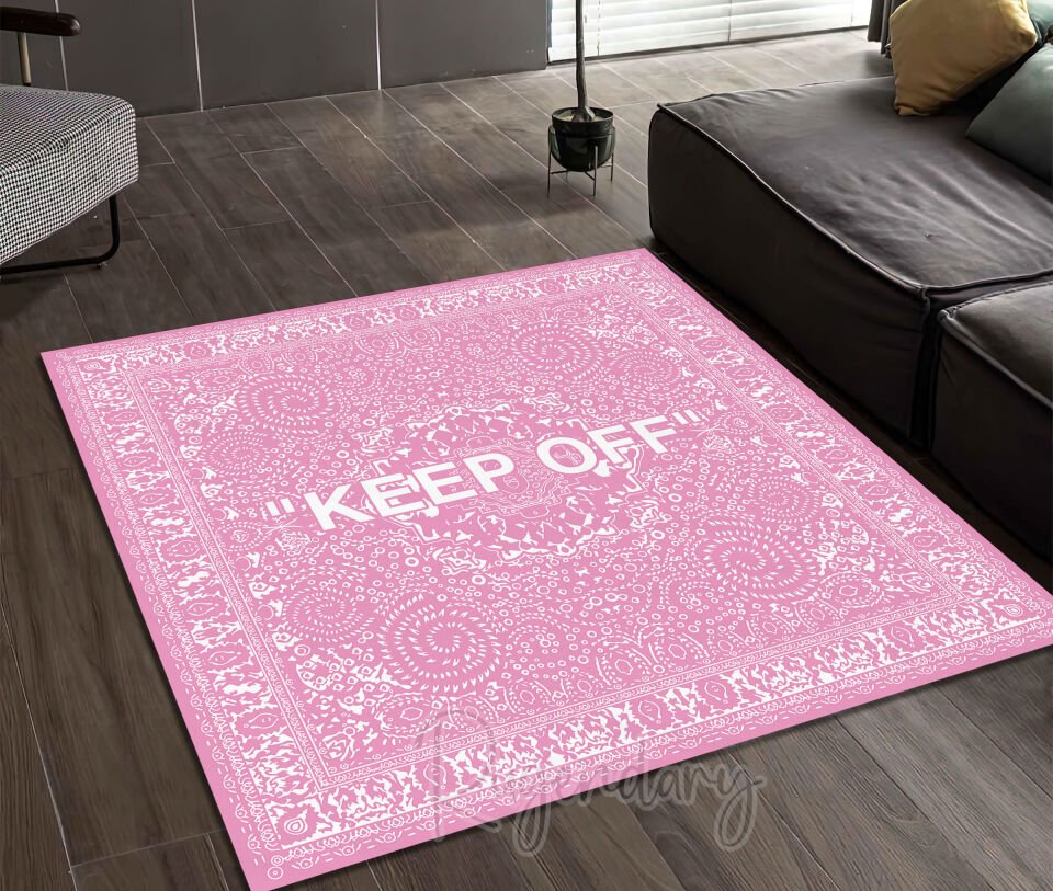 Pink Square Rug with White Text & Patterns – Soft Modern Accent